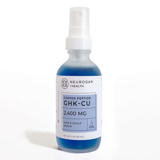 Neurogan GHK-Cu Copper Peptide Hair & Scalp Serum in a blue-labeled 2 oz bottle, 2400 mg total.