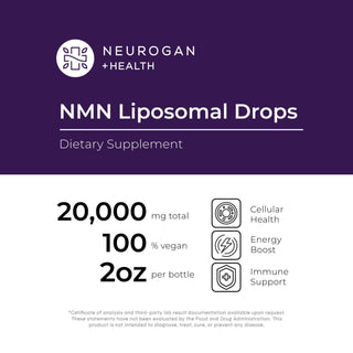NMN Liposomal Drops supplement card, highlighting cellular health, energy boost, and immune support benefits*.