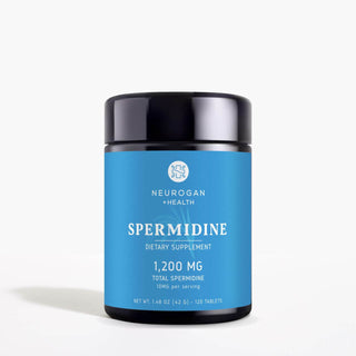 Neurogan Spermidine dietary supplement in a blue labeled jar, 1200mg total spermidine, 10mg per serving, 120 tablets