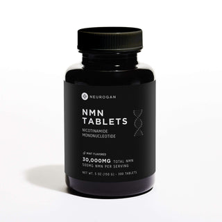 Neurogan NMN Tablets in a dark brown bottle, 30,000mg total NMN, 500mg per serving.